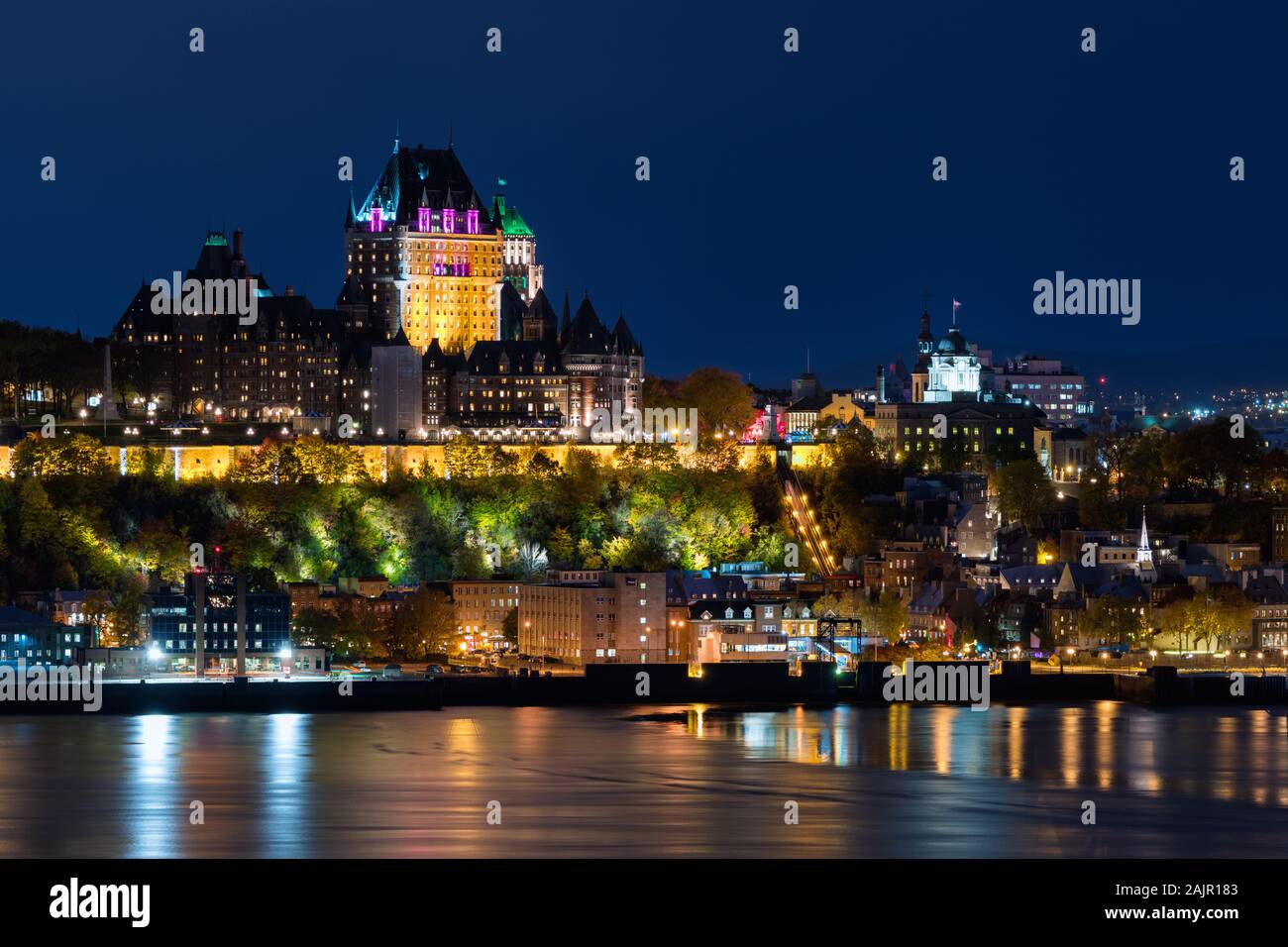 Frontenac Castle in Old Quebec City in the evening during autumn season in Quebec, Canada. Stock Photo