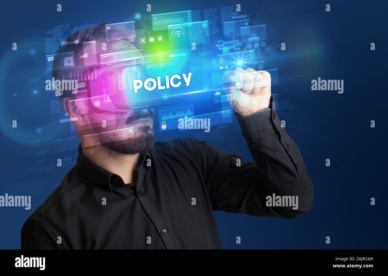 Businessman looking through Virtual Reality glasses with POLICY ...