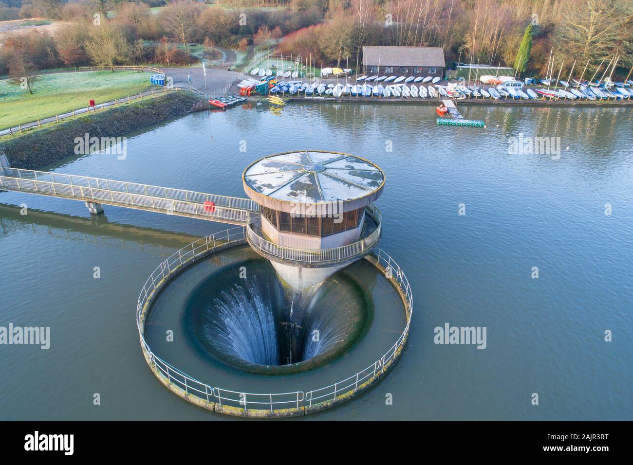 aerial view at first light of ardingly reservoir and the water sports