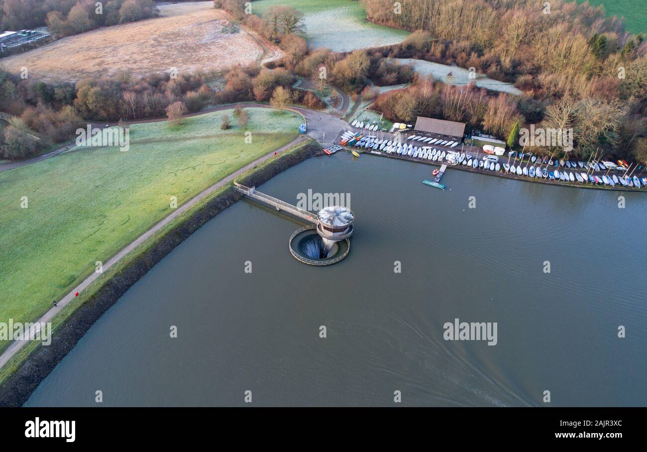 aerial view at first light of ardingly reservoir and the water sports