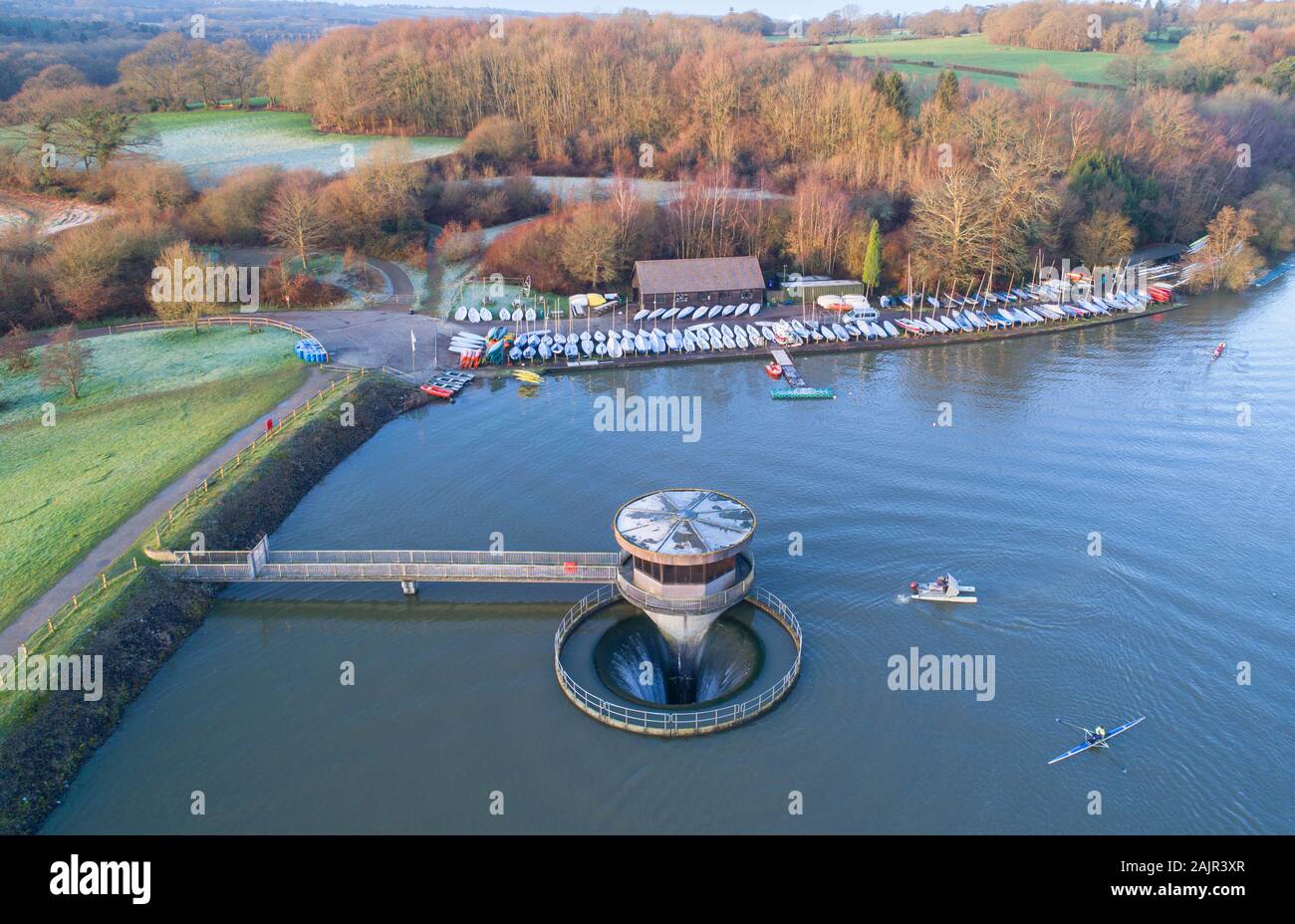 aerial view at first light of ardingly reservoir and the water sports