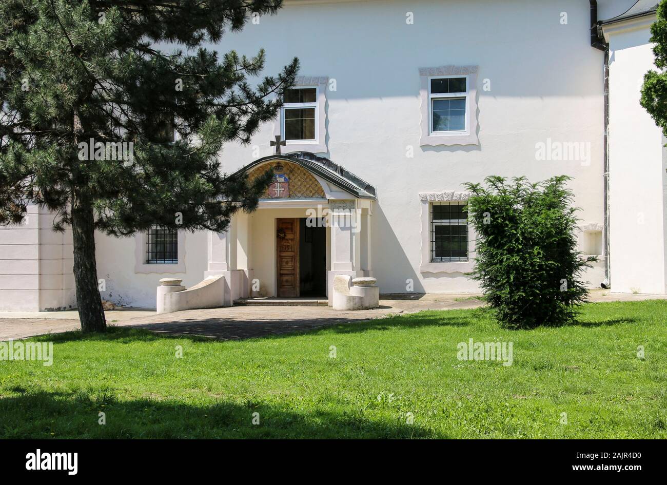 Central entrance to Krusedol Monastery in Fruska Gora National Park, Vojvodina, Serbia Stock Photo