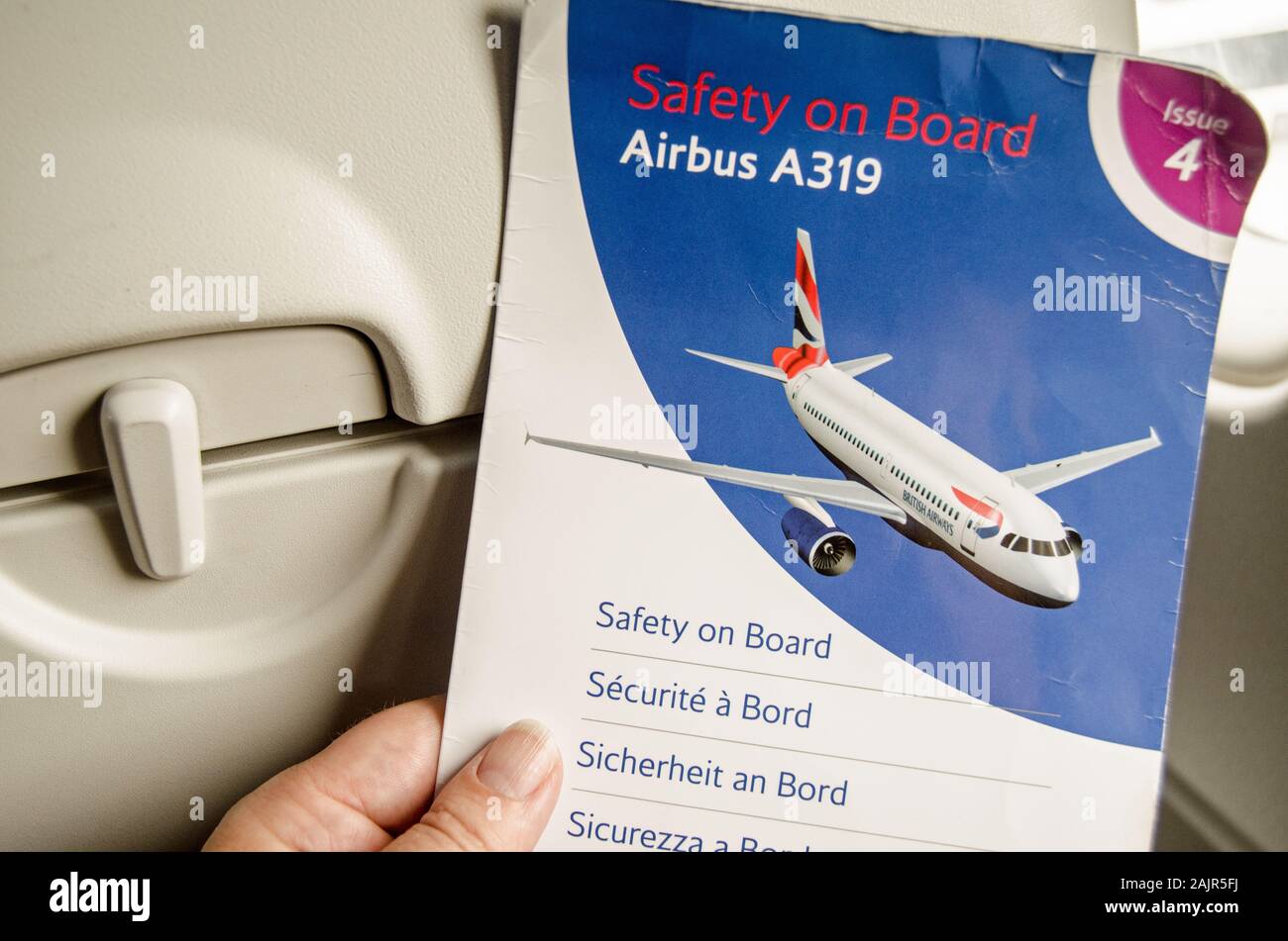 VENICE, ITALY - MAY 22, 2019: British Airways safety card for an Airbus  A319 viewed inside the cabin Stock Photo - Alamy