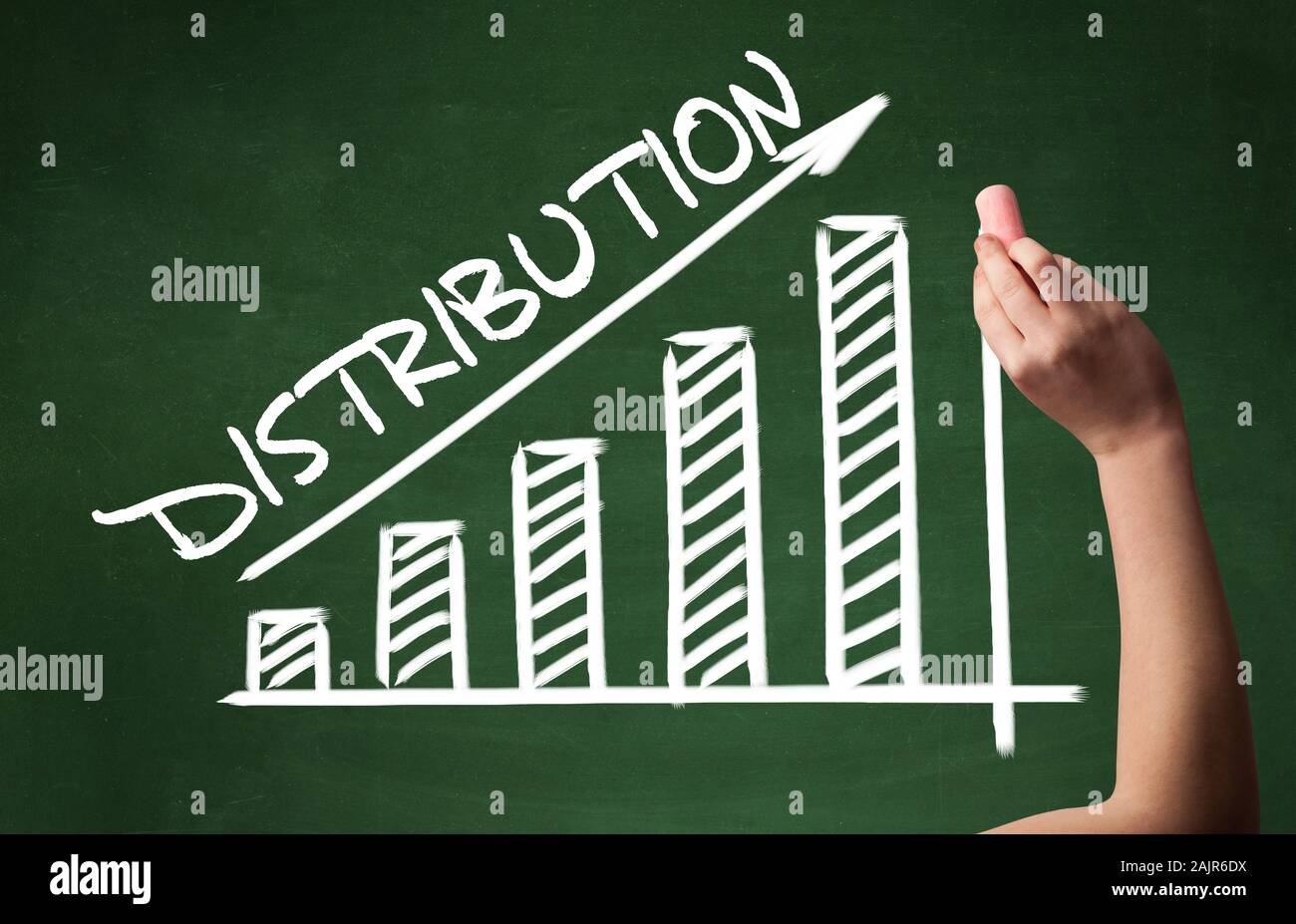 Hand drawing DISTRIBUTION inscription with white chalk on blackboard, business concept Stock Photo