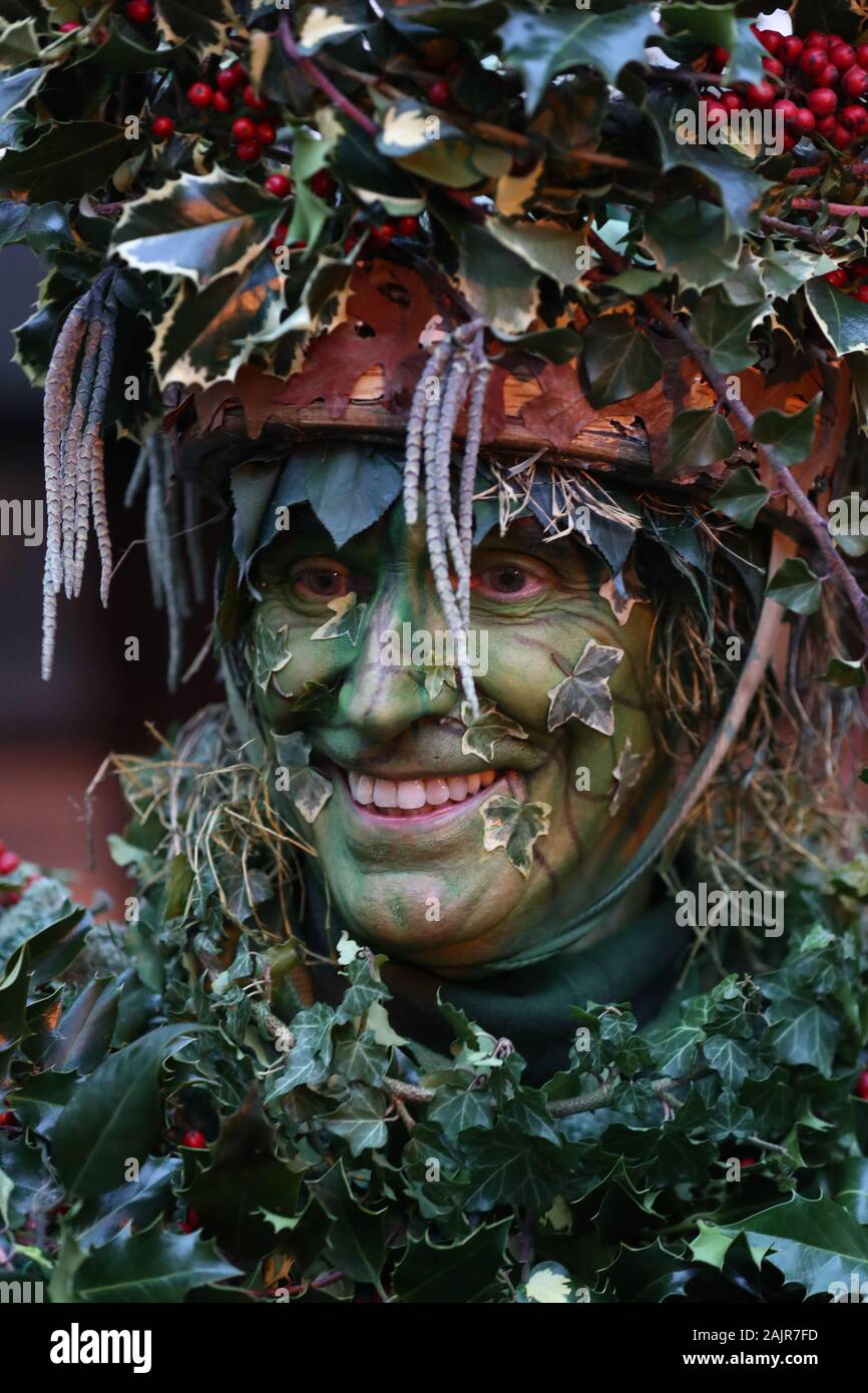A performer during the annual Twelfth Night celebrations and mummers plays at the George Inn, in Southwark in central London. Stock Photo