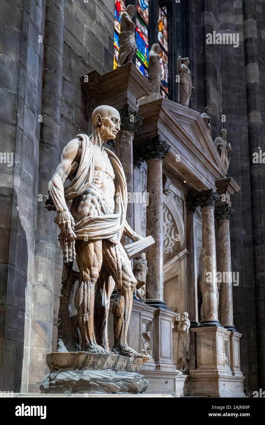 Milan Italy. The interior of the Duomo cathedral. St. Bartholomew Statue by  Marco Agrate Stock Photo - Alamy