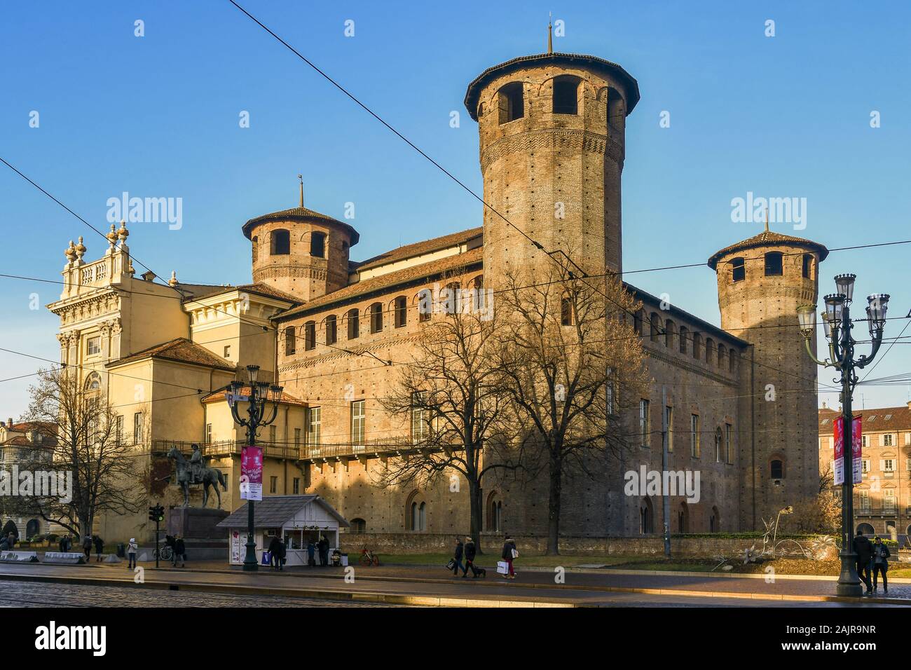 View of Palazzo Madama and Casaforte degli Acaja historic building in Piazza Castello in the historic centre of Turin in a sunny day, Piedmont, Italy Stock Photo