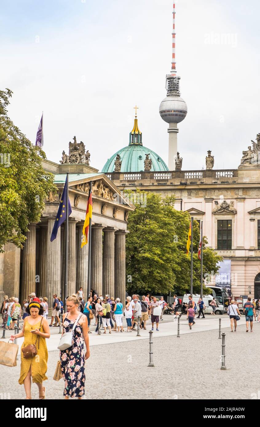 street scene in front of neue wache, new gardhouse, berlin cathedral and television tower in background Stock Photo