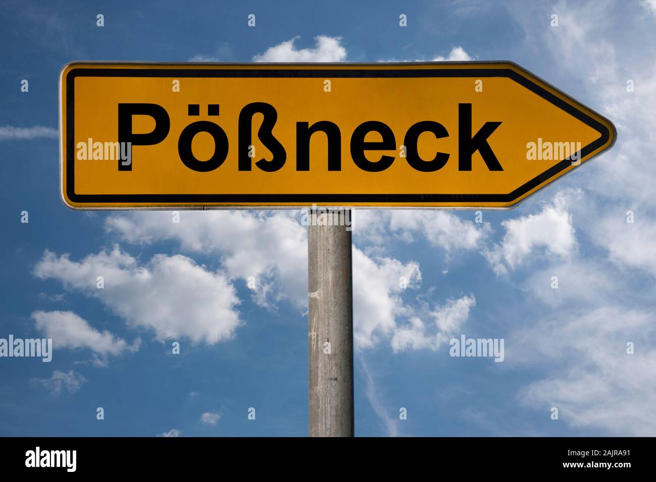 Detail photo of a signpost with the inscription Pößneck, Thuringia, Germany, Europe Stock Photo