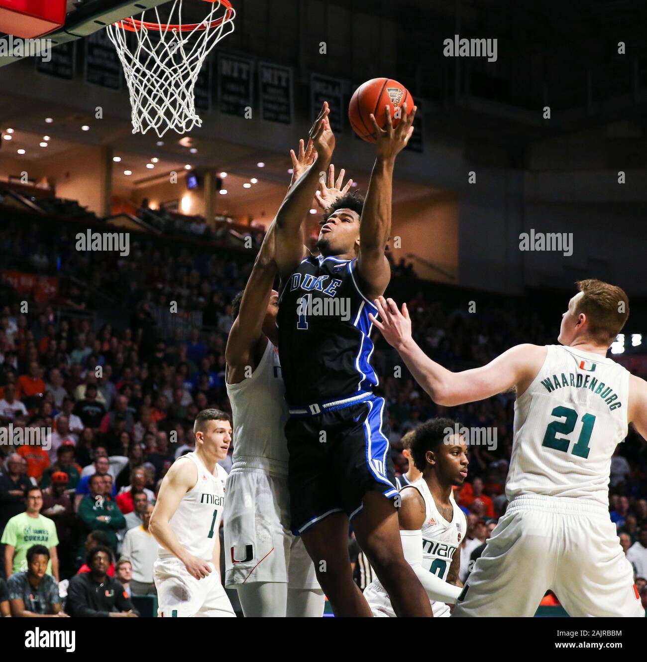 January 04, 2020: Duke Blue Devils center Vernon Carey Jr. (1) goes to the basket during the first half of an NCAA men's basketball game against the Miami Hurricanes at the Watsco Center in Coral Gables, Florida. Mario Houben/CSM Stock Photo
