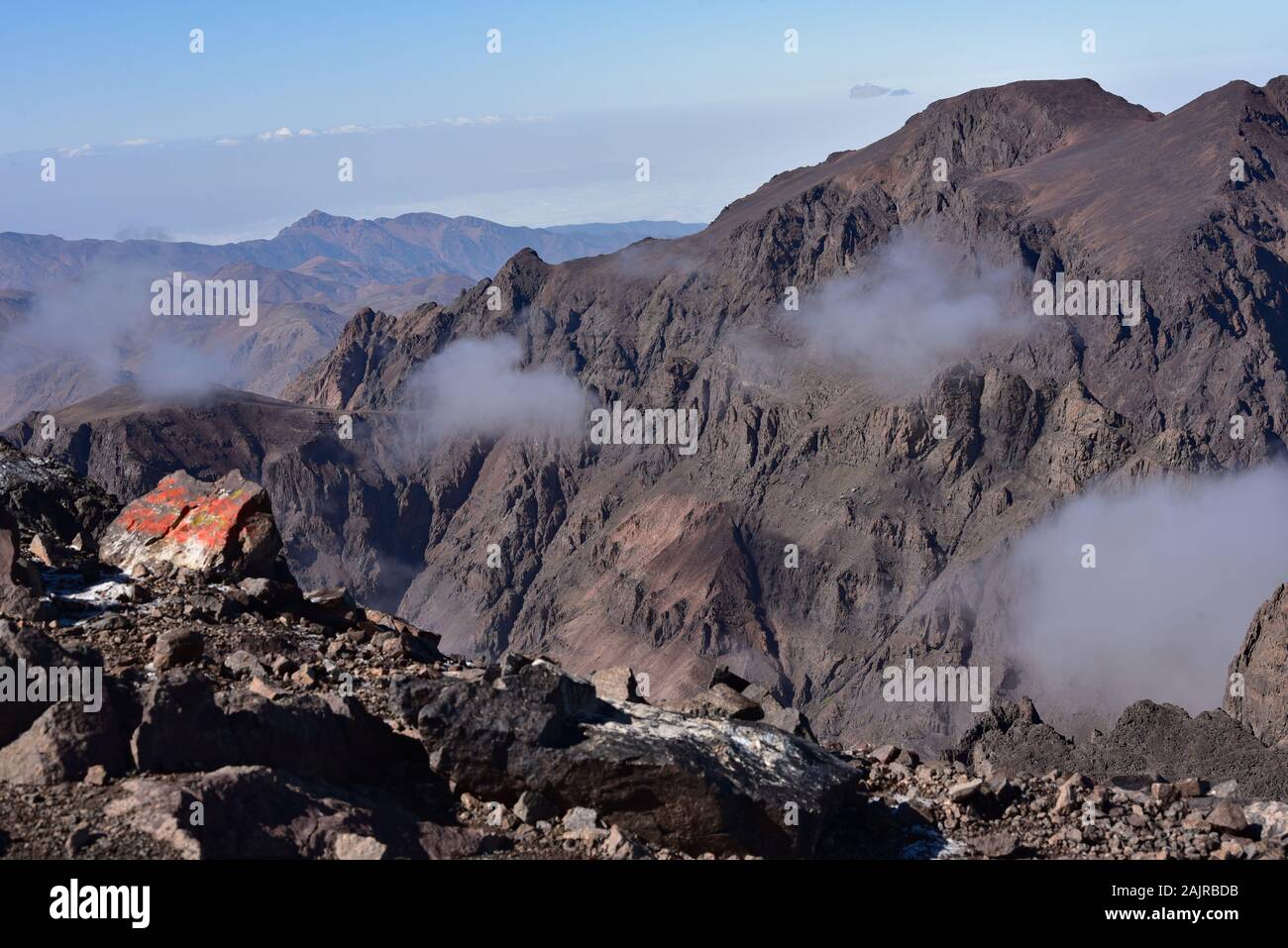 View From The Summit Of Jbel Toubkal The Highest Mountain In North Africa Overlooking The Peaks Of The Surrounding Atlas Mountains Morocco Africa Stock Photo Alamy