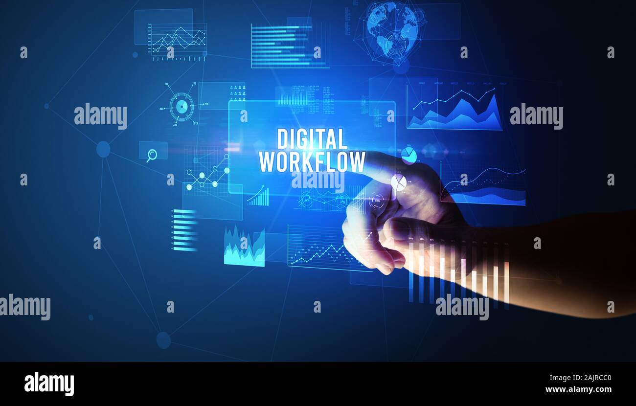 Hand touching DIGITAL WORKFLOW inscription, new business technology ...