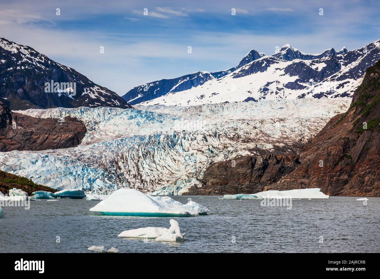 Juneau, Alaska. Mendenhall Glacier Viewpoint with icebergs in the lake. Stock Photo
