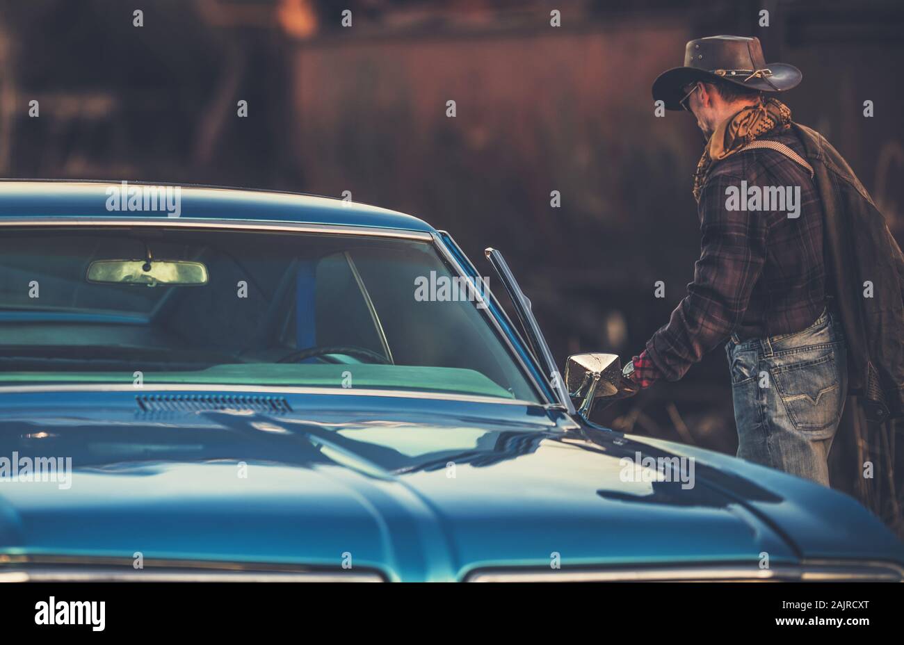 American Classic Ride. Caucasian Cowboy and His Vintage Classic Car ...