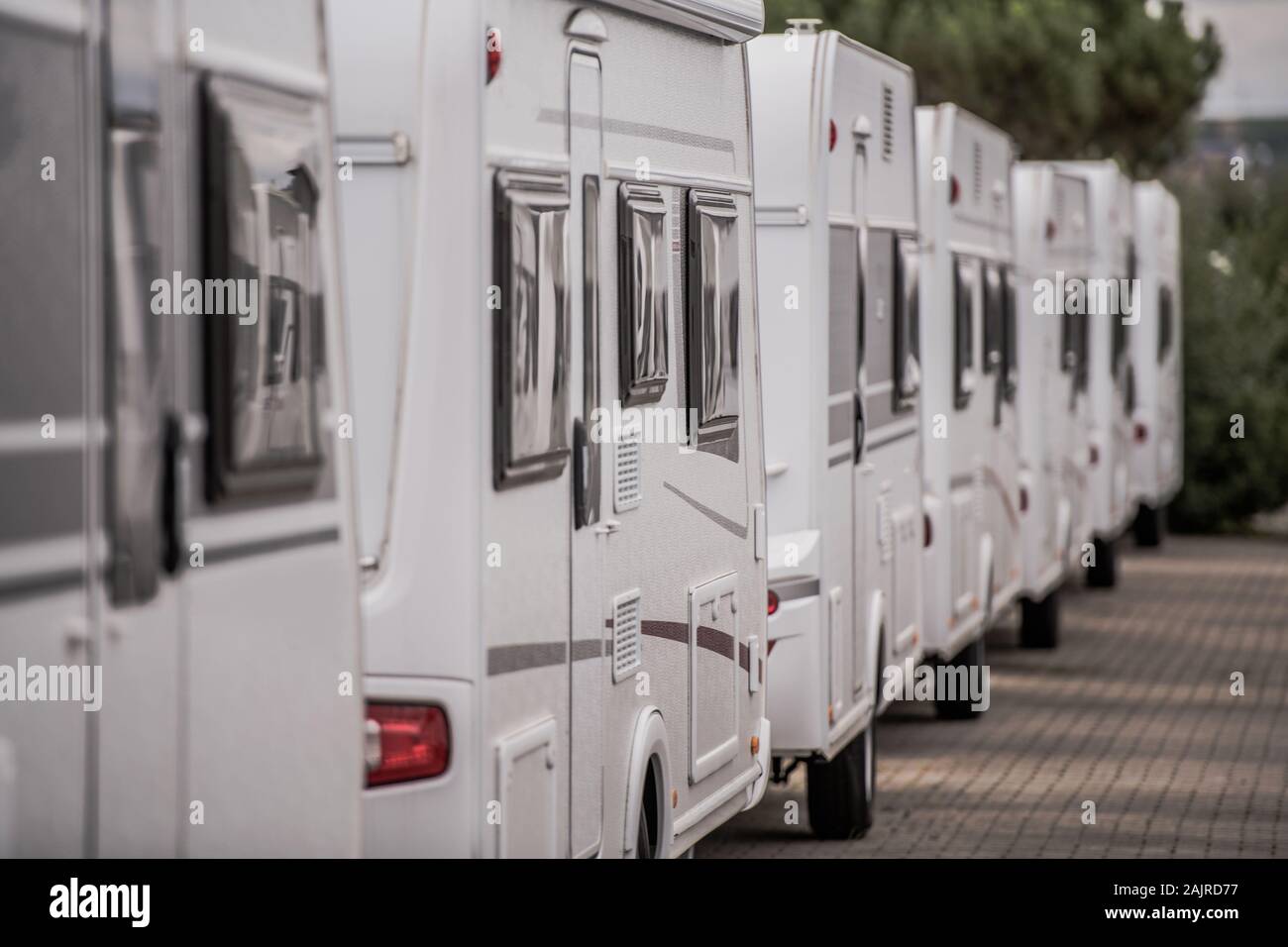 New Travel Trailers Sales. Recreational Vehicles Dealership Stock Photo