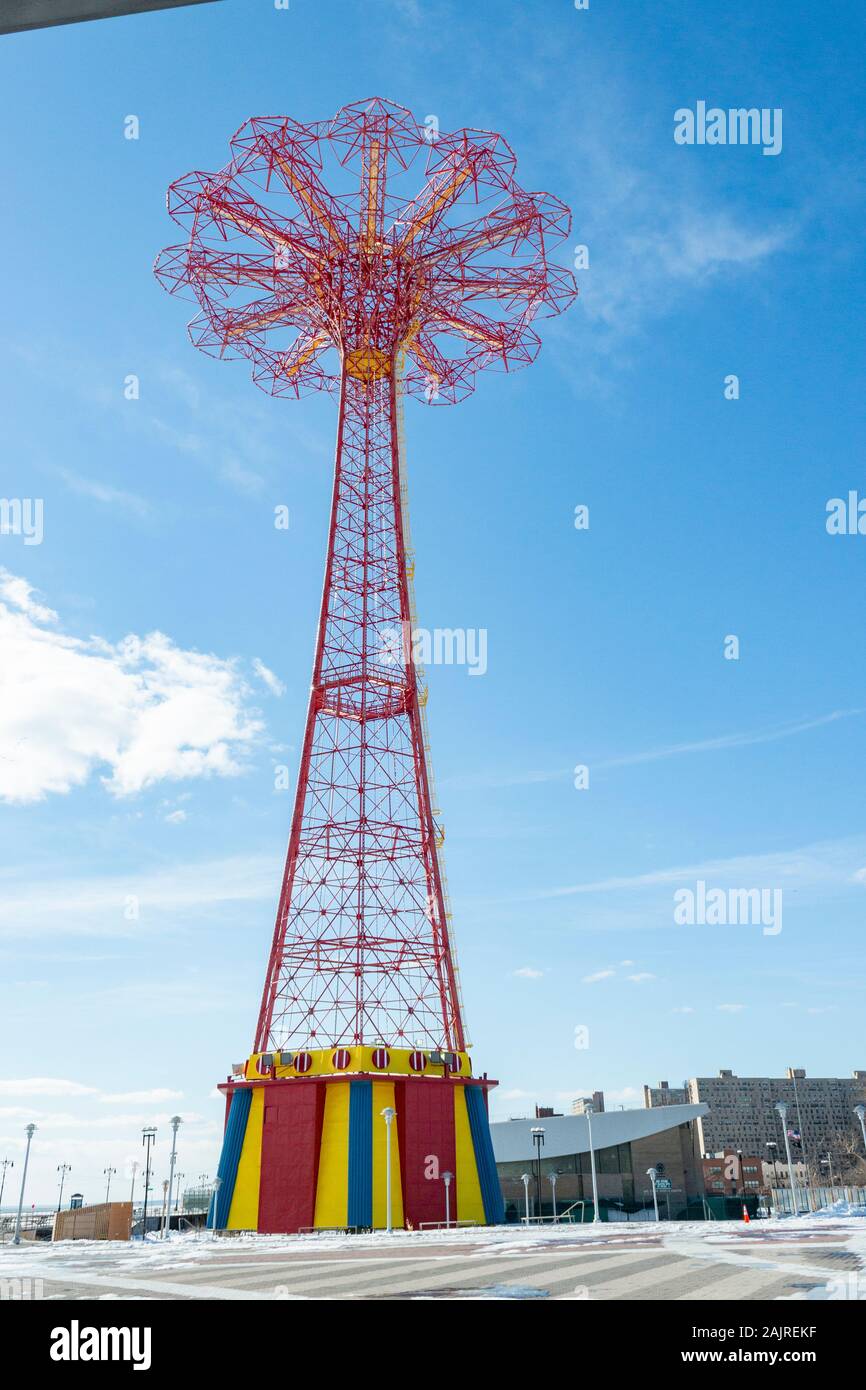 the closed red tower of the Parachute Jump at Coney Island, Brooklyn