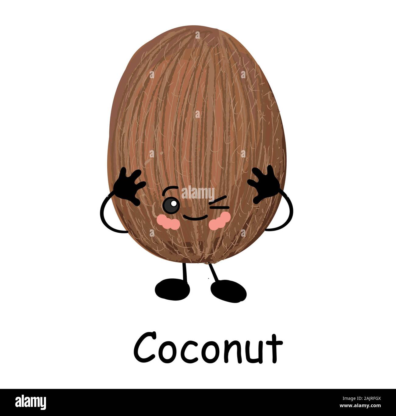 Cute happy cartoon coconut with a cheesy grin and its tongue protruding and  arms with a second plain variant with no face and separate elements Stock  Photo - Alamy