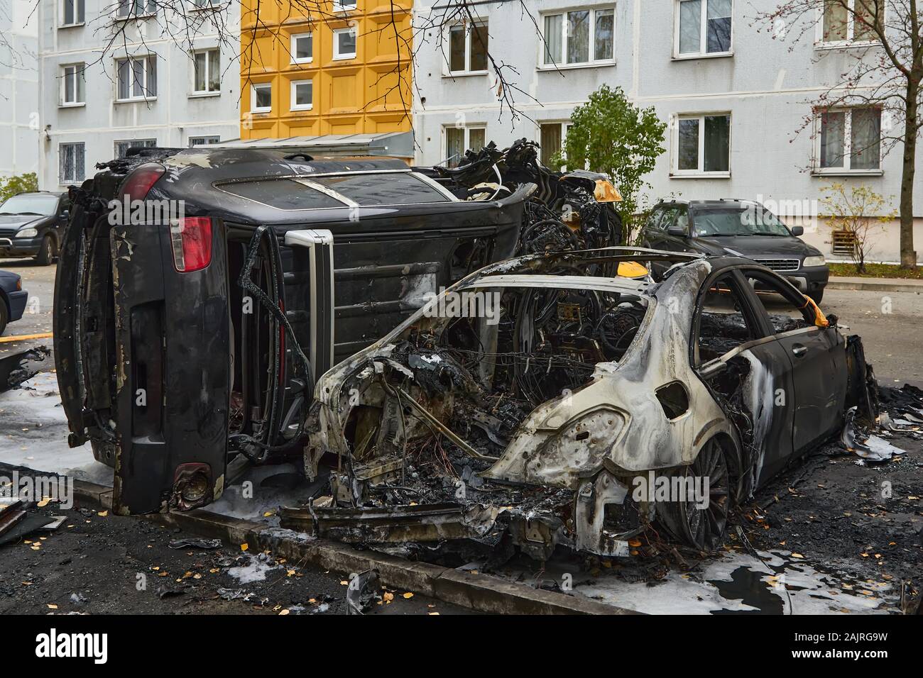 October 25, 2019, Riga, Latvia: fully burned cars in the city in autumn ...