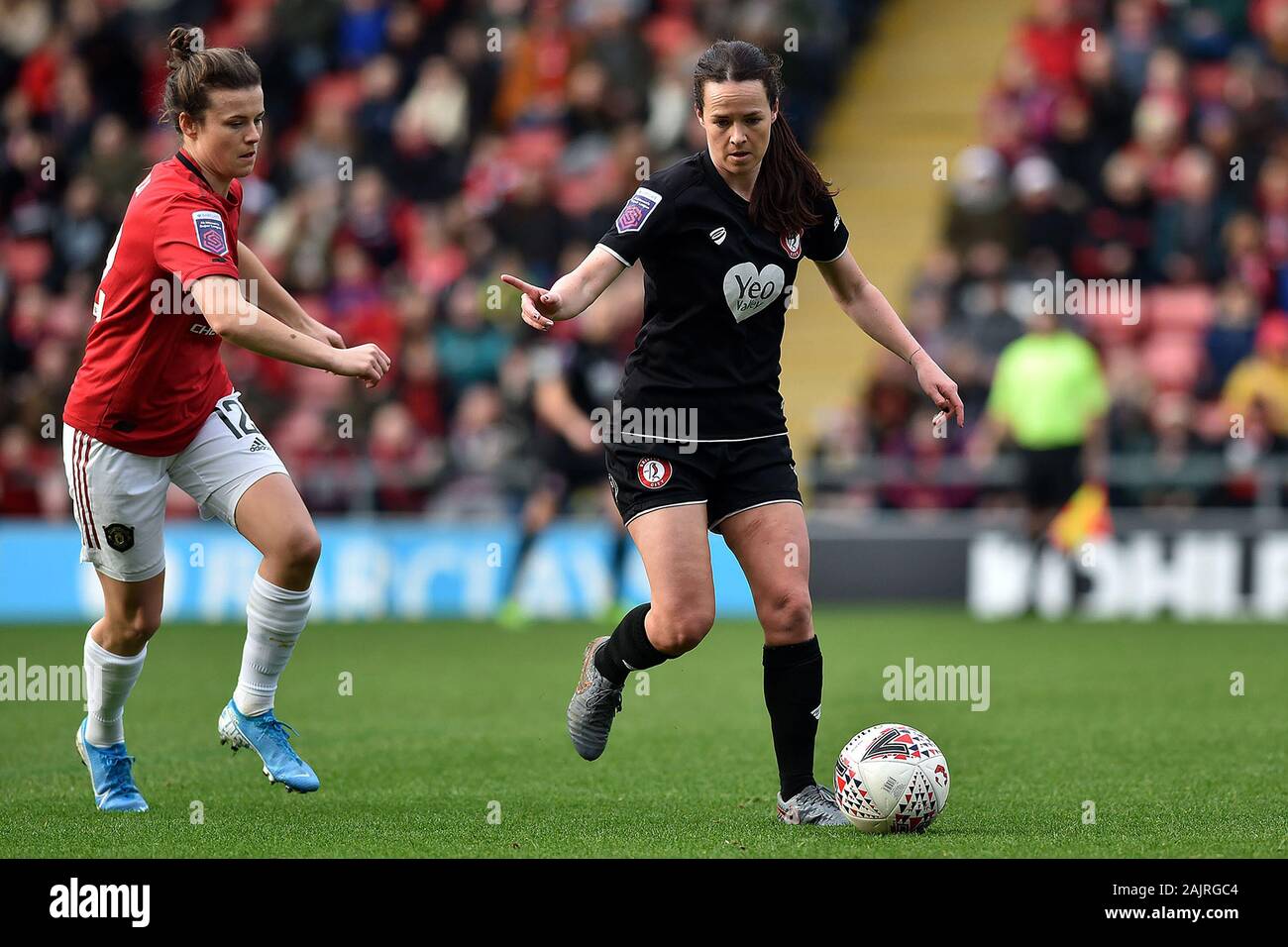 Leigh, UK. 05th Jan, 2020. LEIGH, ENGLAND - JANUARY 5TH Hayley Ladd of Manchester United Women and Olivia Chance of Bristol City Women during the Barclays FA Women's Super League match between Manchester United and Bristol City at Leigh Sport Stadium, Leigh on Sunday 5th January 2020. (Credit: Eddie Garvey | MI News) Photograph may only be used for newspaper and/or magazine editorial purposes, license required for commercial use Credit: MI News & Sport /Alamy Live News Stock Photo