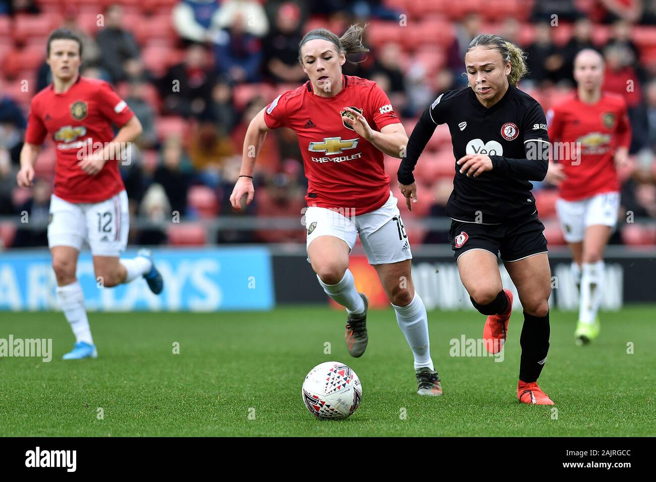 Leigh, UK. 05th Jan, 2020. LEIGH, ENGLAND - JANUARY 5THKirsty Hanson of Manchester United Women and Ebony Salmon of Bristol City Women during the Barclays FA Women's Super League match between Manchester United and Bristol City at Leigh Sport Stadium, Leigh on Sunday 5th January 2020. (Credit: Eddie Garvey | MI News) Photograph may only be used for newspaper and/or magazine editorial purposes, license required for commercial use Credit: MI News & Sport /Alamy Live News Stock Photo