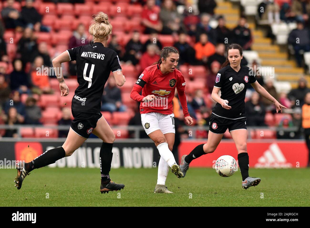 Leigh, UK. 05th Jan, 2020. LEIGH, ENGLAND - JANUARY 5TH Katie Zelem (captain) of Manchester United Women, Jasmine Matthews of Bristol City Women and Olivia Chance of Bristol City Women during the Barclays FA Women's Super League match between Manchester United and Bristol City at Leigh Sport Stadium, Leigh on Sunday 5th January 2020. (Credit: Eddie Garvey | MI News) Photograph may only be used for newspaper and/or magazine editorial purposes, license required for commercial use Credit: MI News & Sport /Alamy Live News Stock Photo