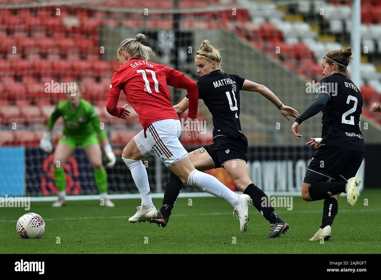 Leigh, UK. 05th Jan, 2020. LEIGH, ENGLAND - JANUARY 5TH Leah Galton of Manchester United Women and Jasmine Matthews of Bristol City Women during the Barclays FA Women's Super League match between Manchester United and Bristol City at Leigh Sport Stadium, Leigh on Sunday 5th January 2020. (Credit: Eddie Garvey | MI News) Photograph may only be used for newspaper and/or magazine editorial purposes, license required for commercial use Credit: MI News & Sport /Alamy Live News Stock Photo