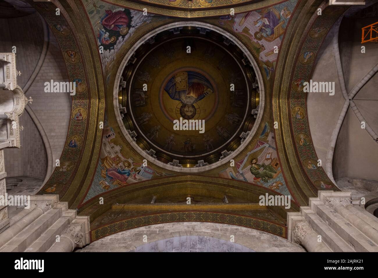 Christ Pantocrator decorates the dome of Greek Orthodox Catholicon chamber at the Holy Sepulchre church in the Old city,Jerusalem Stock Photo