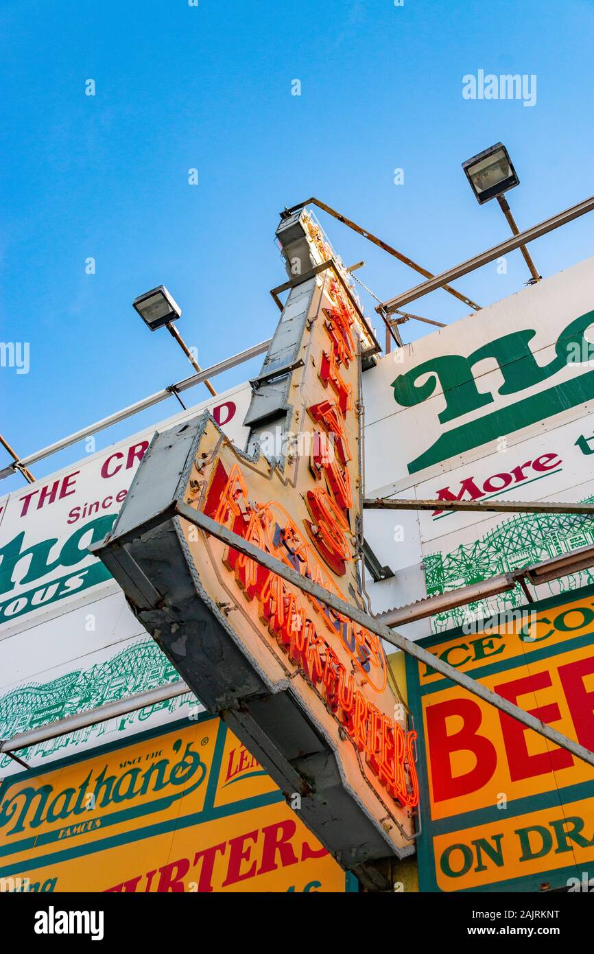 Neon signs at Nathans famous delicatessen at Coney Island, Brooklyn