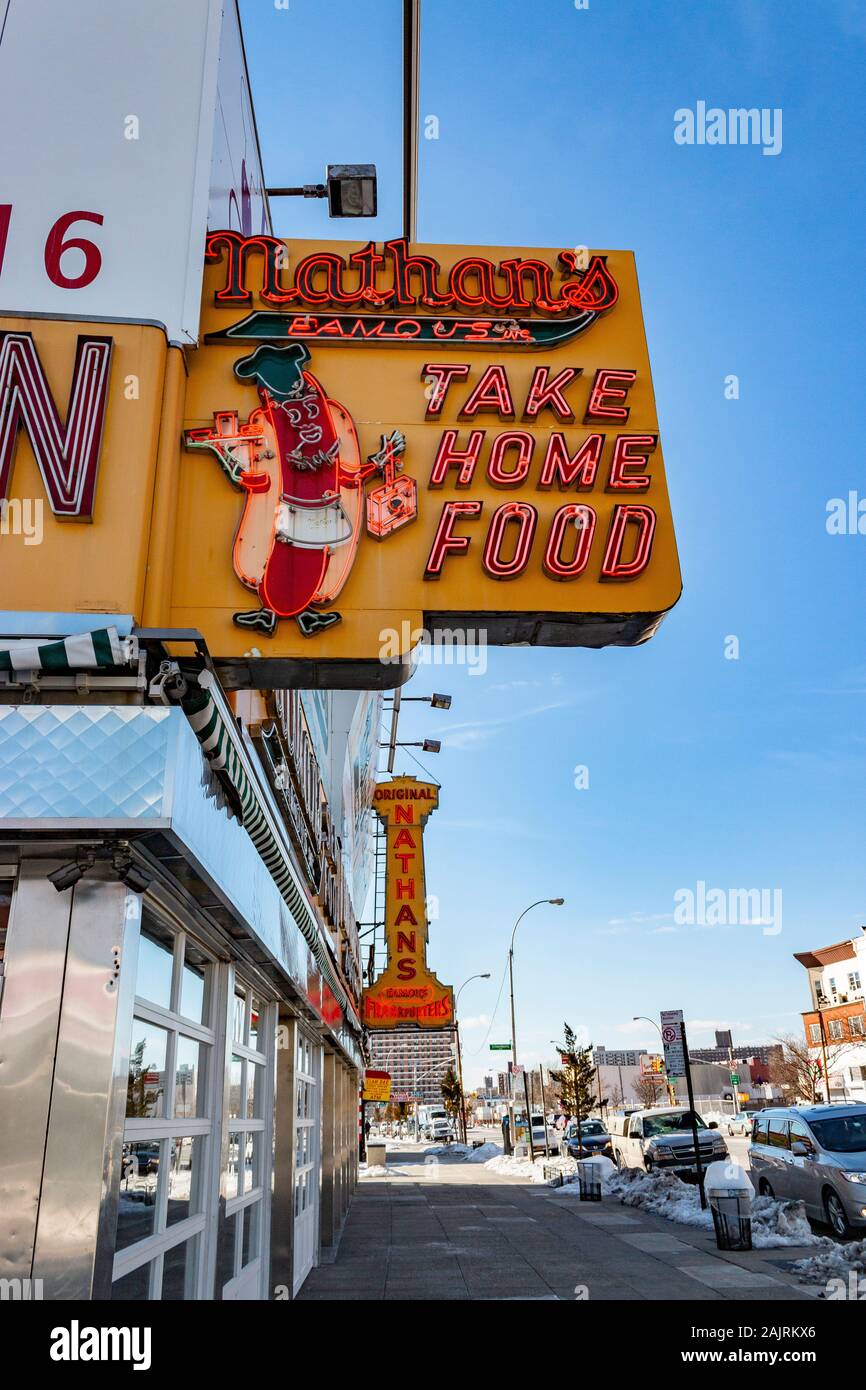 Neon signs at Nathans famous delicatessen at Coney Island, Brooklyn