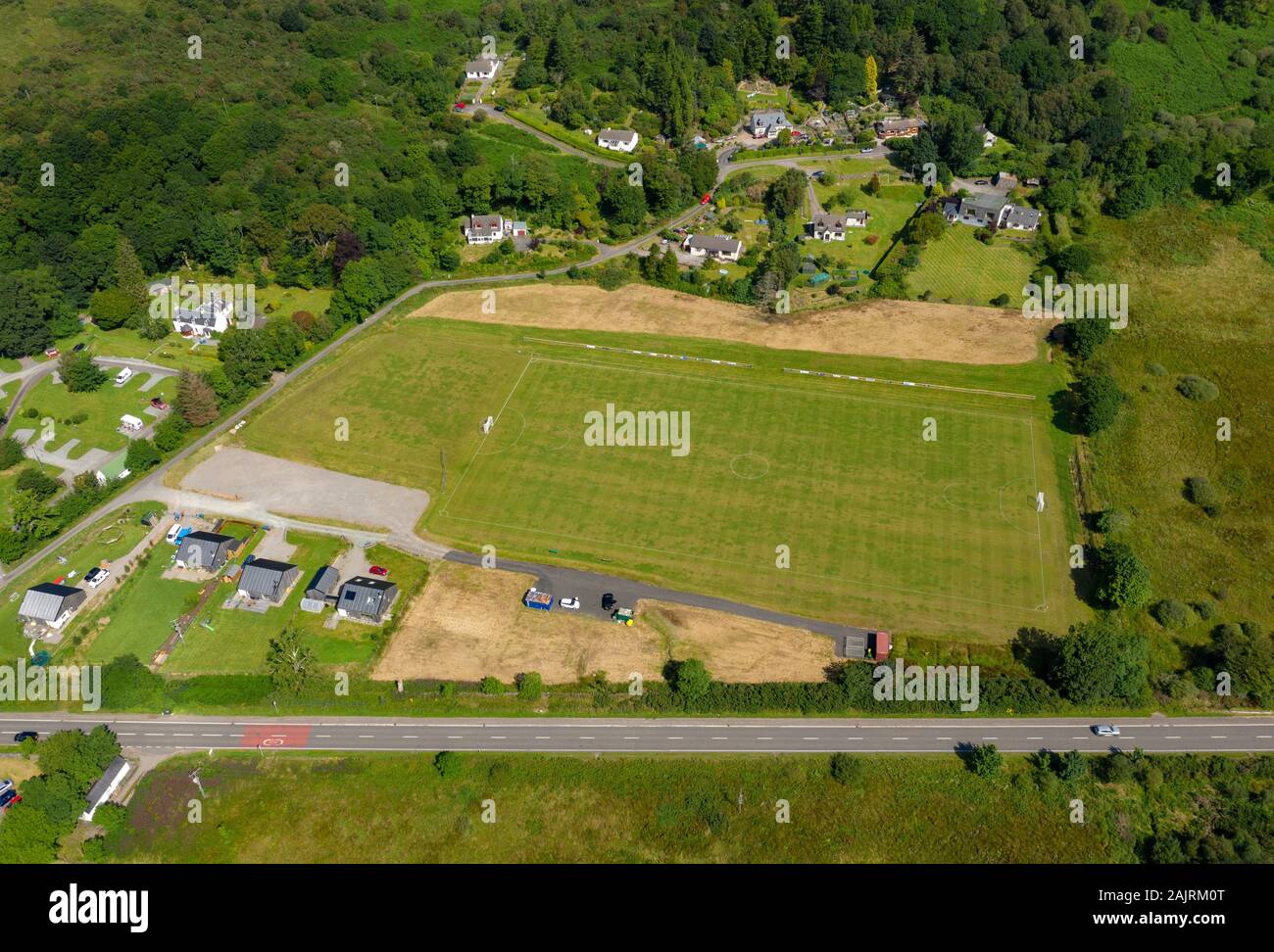 An aerial view of Kinlochshiel Shinty Club's new pitch at Rearaig, Balmacara, Wester Ross, Scotland. Stock Photo