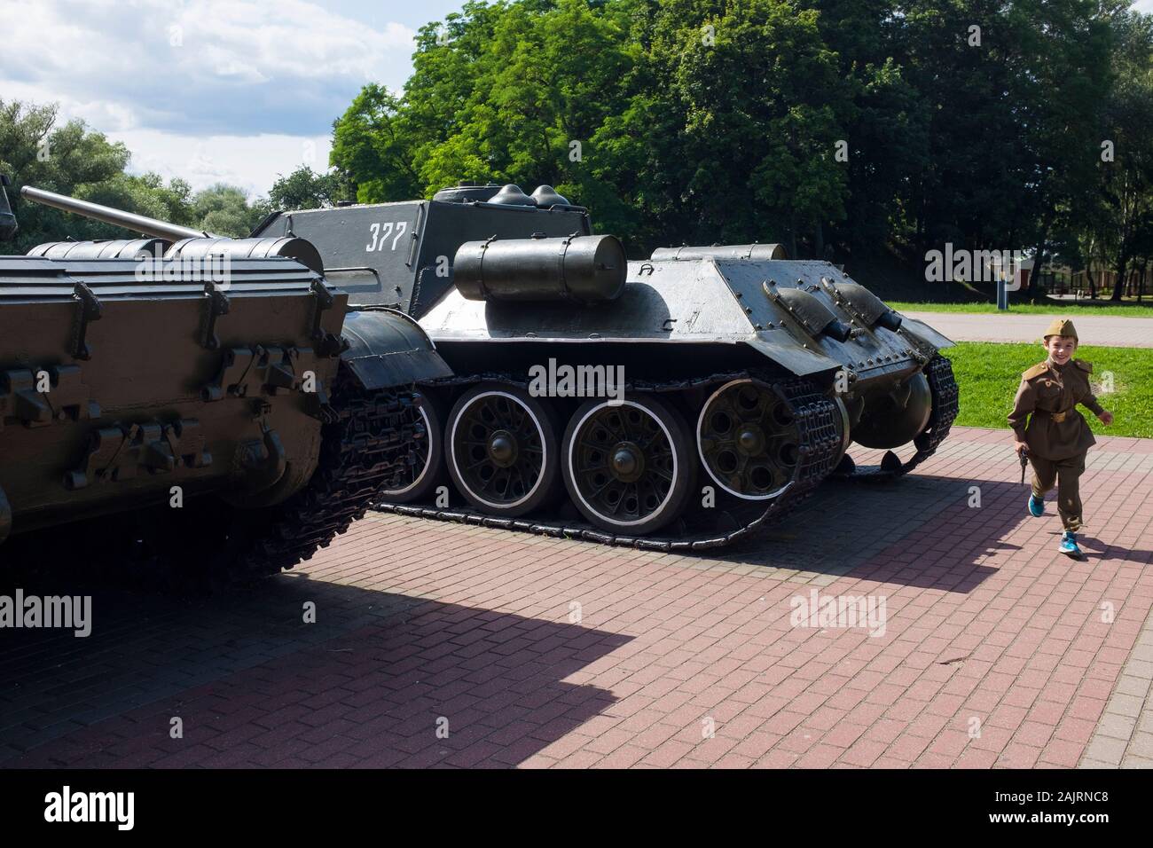 Soviet era tanks and big guns are a part of the items on display at the Brest War Memorial in Belarus Stock Photo