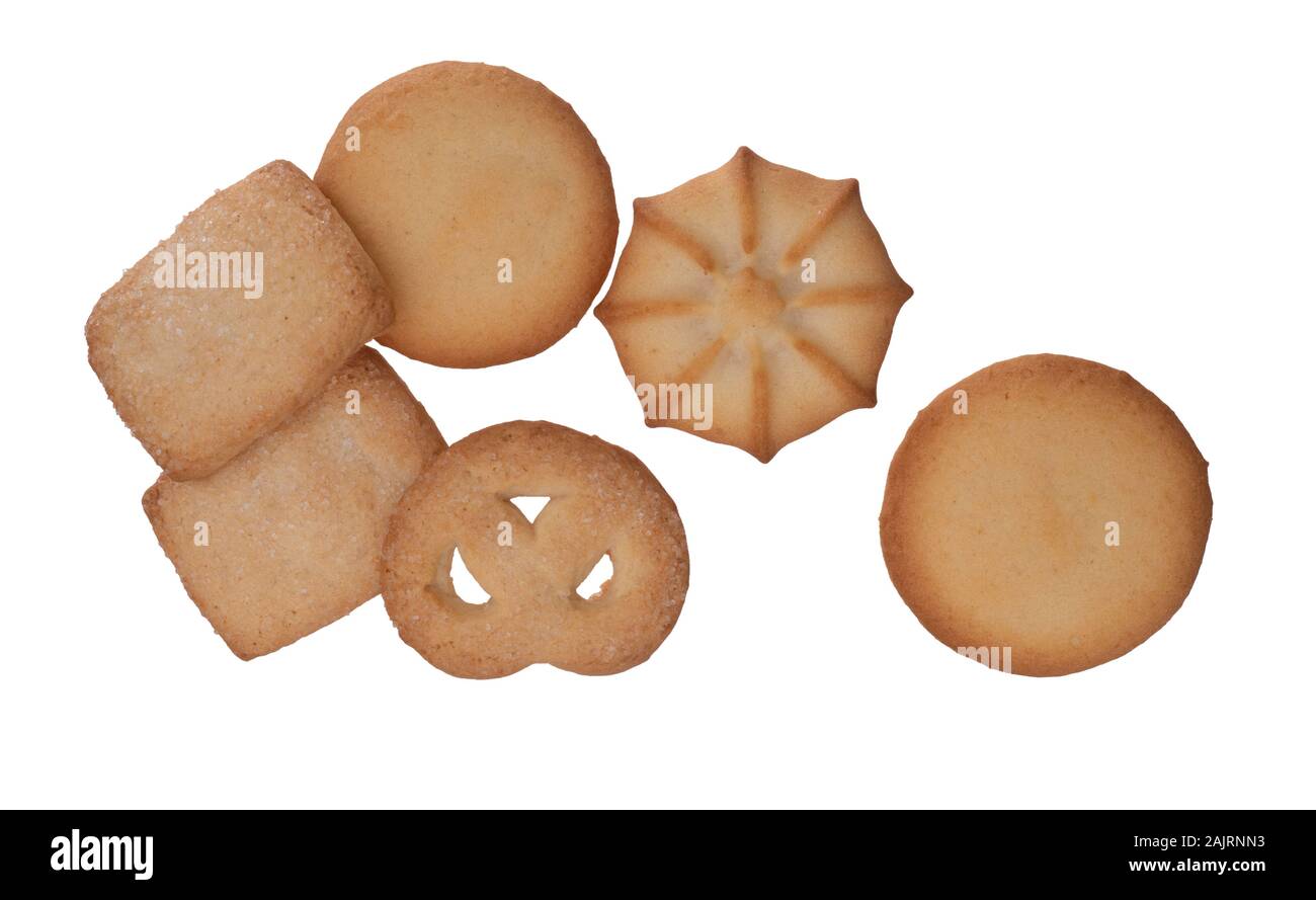 Sweet, sugary shortbread style biscuits, cookies, isolated on white background. Stock Photo