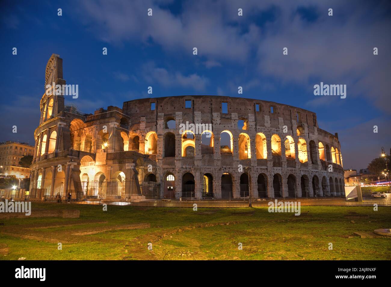 The Colosseum or Flavian Amphitheatre in Rome, Italy at night Stock Photo