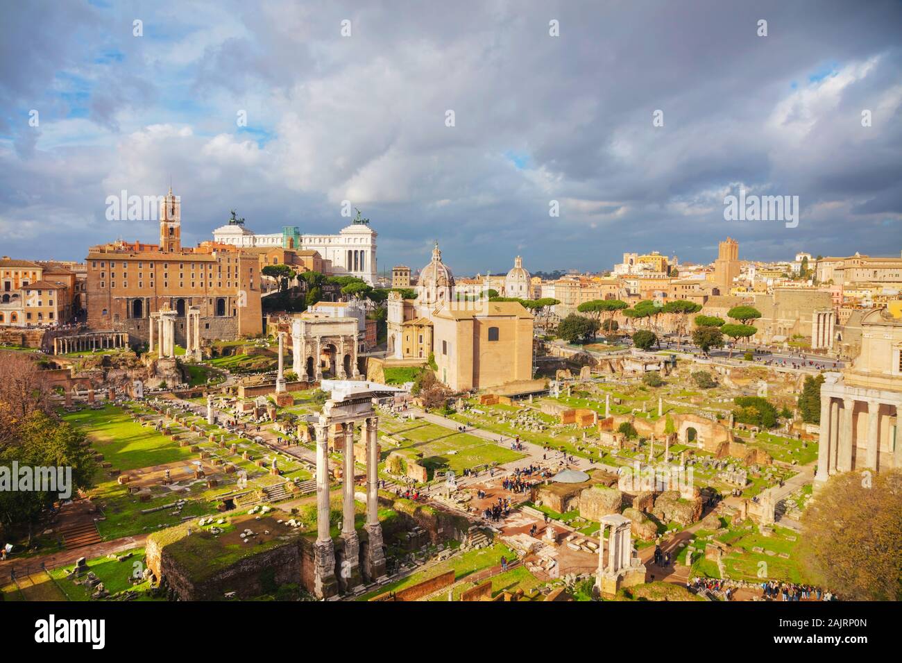 Roman forum ruins on a cloudy day in Rome, Italy Stock Photo