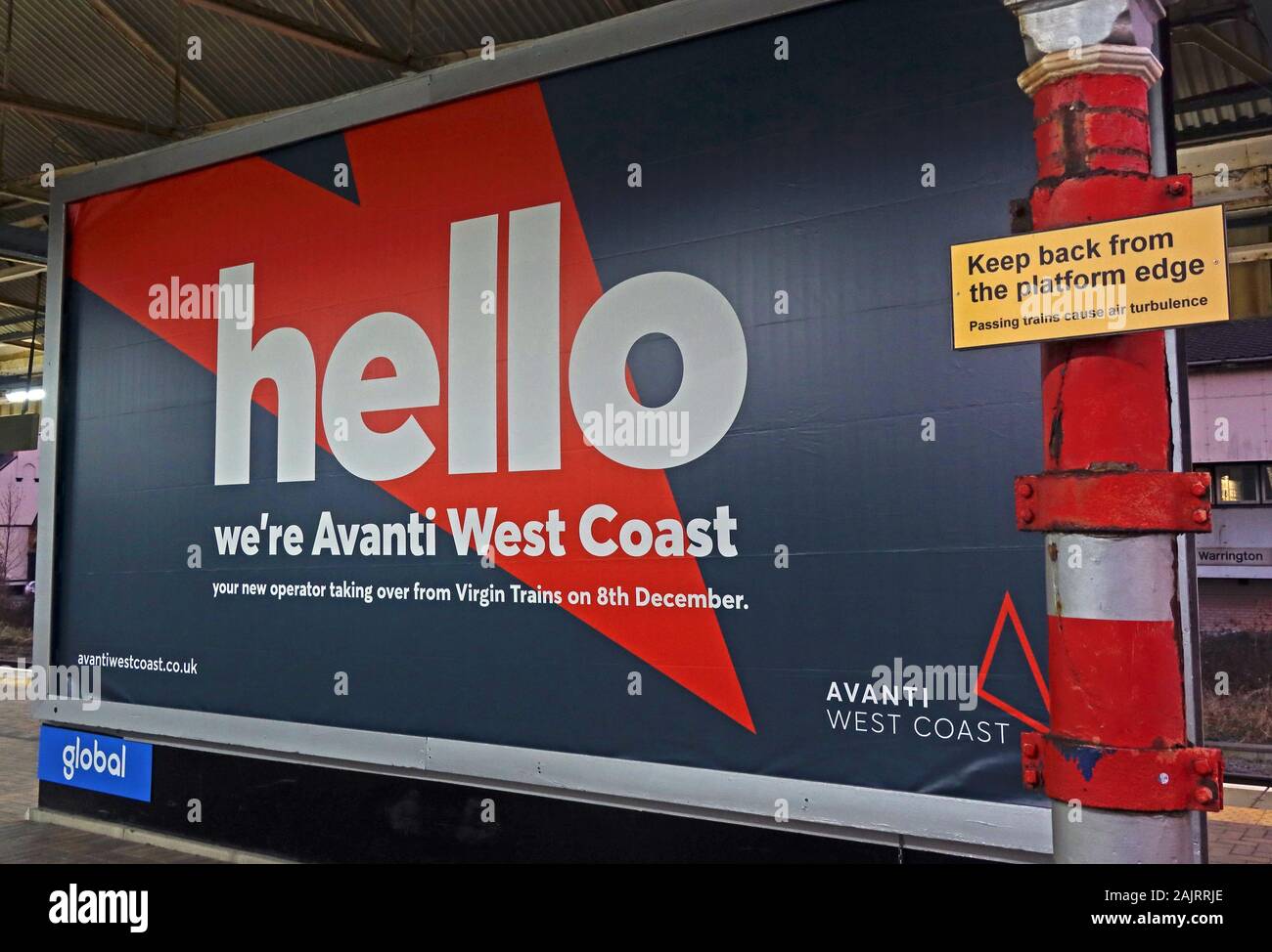 Avanti West Coast, WCML, West Coast Mainline - rebrand for FirstGroup TrenItalia, replacing Virgin Trains Dec2019, at Warrington Station Stock Photo