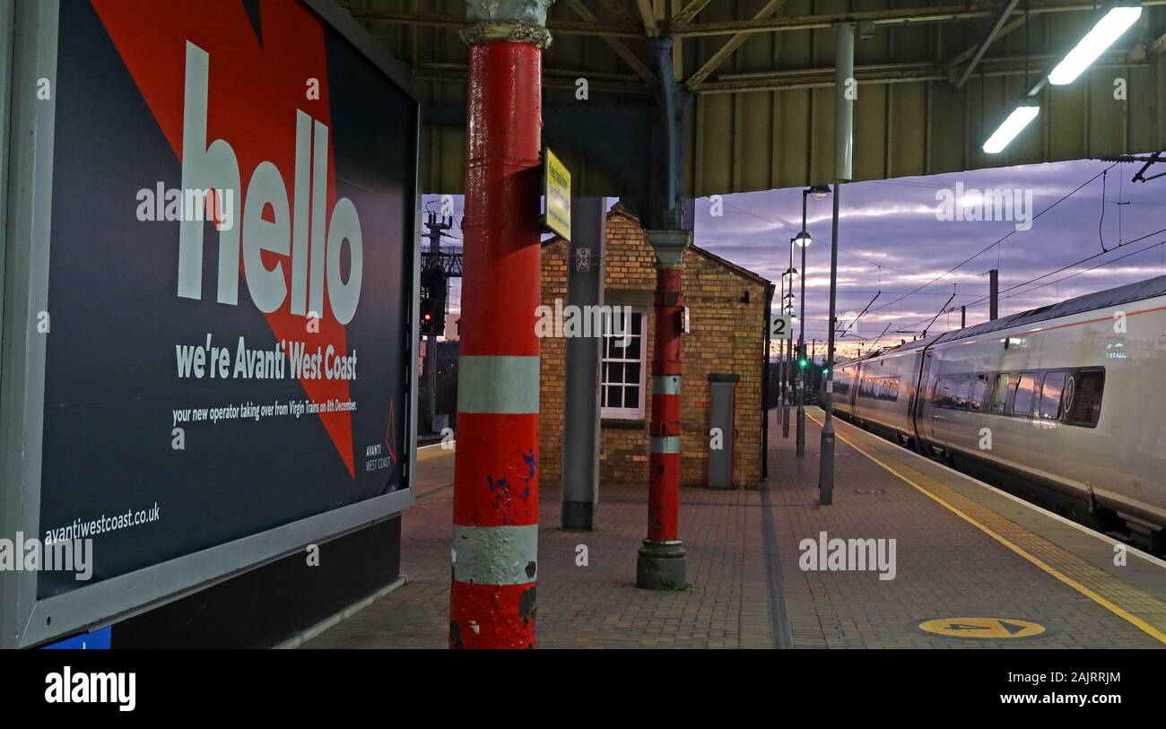 Avanti West Coast, WCML, West Coast Mainline - rebrand for FirstGroup TrenItalia, replacing Virgin Trains Dec2019, at Warrington Station Stock Photo