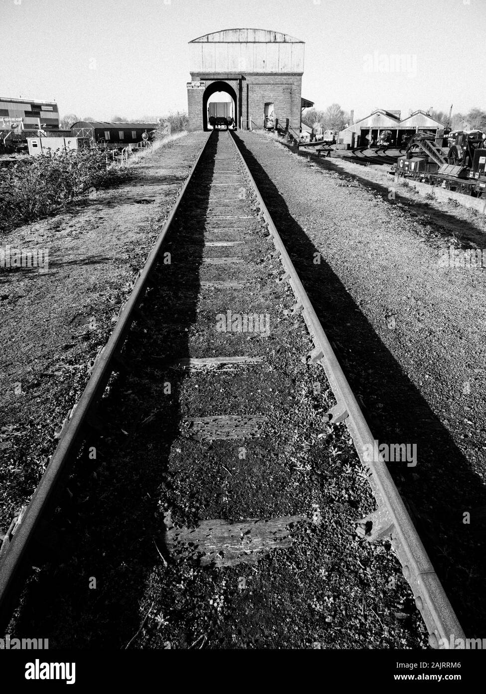 Black and White, Landscape, Coal Stage for Supplying Trains With Water and Cole, Didcot Railway Centre, Didcot, Oxfordshire, England, UK, GB. Stock Photo