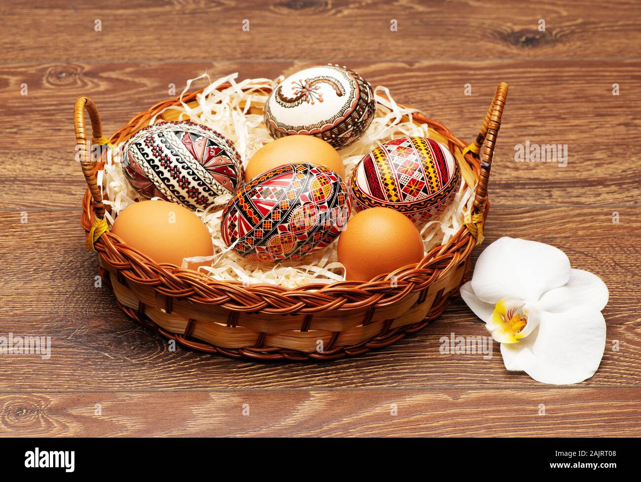Basket with different easter eggs mint on an isolated white background Stock Photo