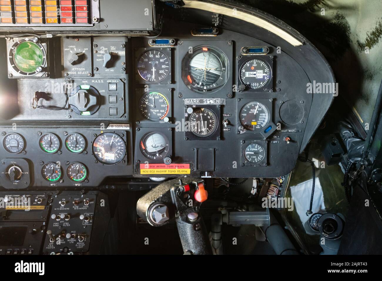 Interior of a Westland Lynx AH7 ZD280 helicopter, UK, showing the cockpit controls Stock Photo