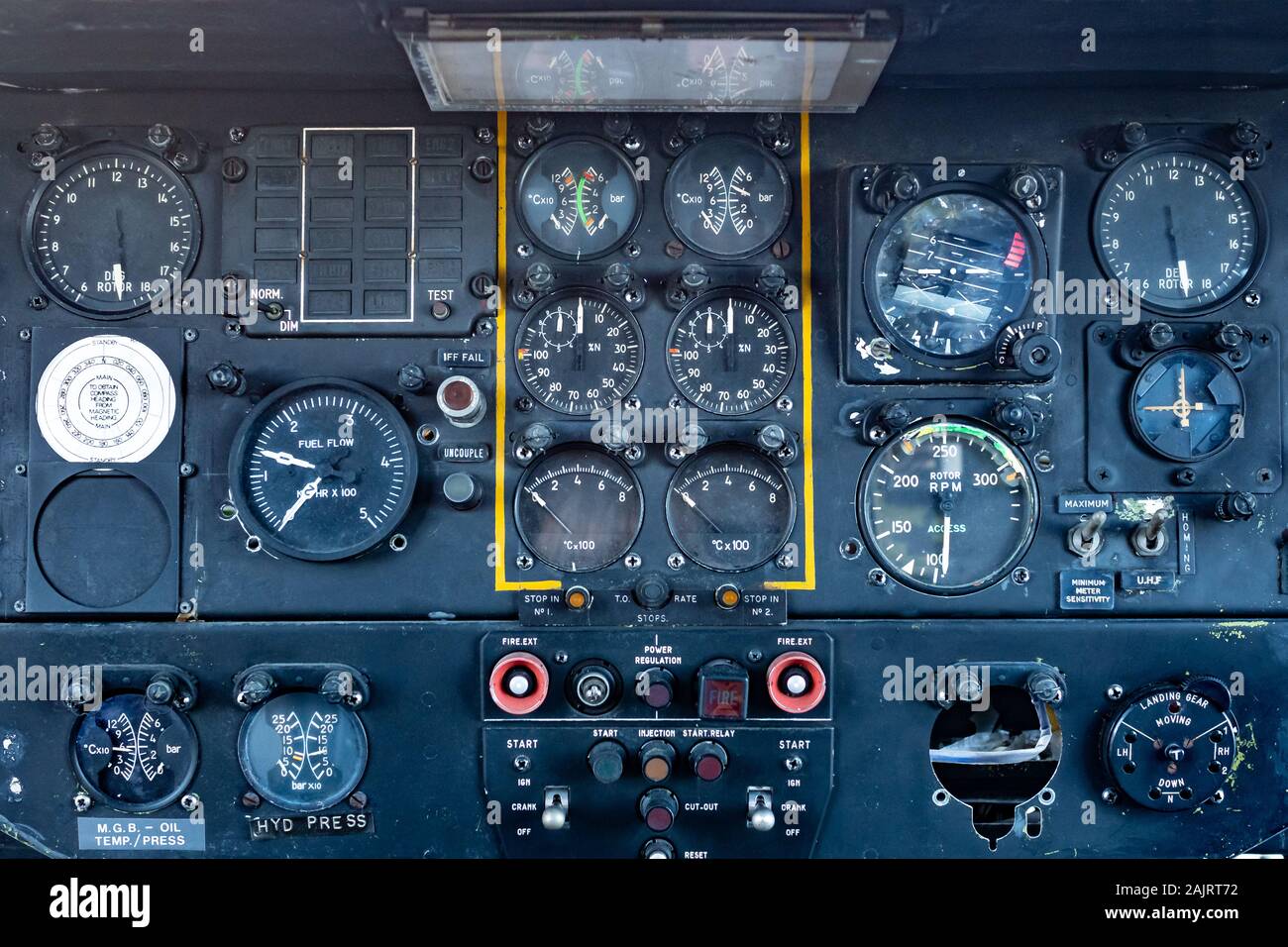 Interior of a Puma SA-330 XW241 helicopter or aircraft cockpit showing details of the controls Stock Photo