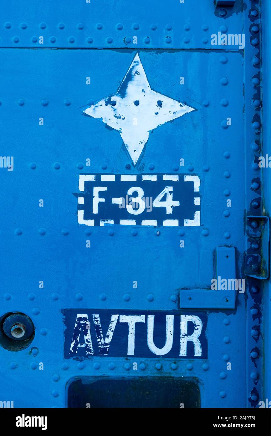 Detail of a Puma SA-330 helicopter with AVTUR (aviation turbo) F-34 fuel information on the outside Stock Photo