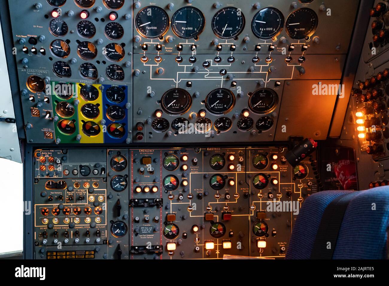 Detail of cockpit control panel inside a Trident 3B-101 G-AWZI airliner or airplane, UK Stock Photo