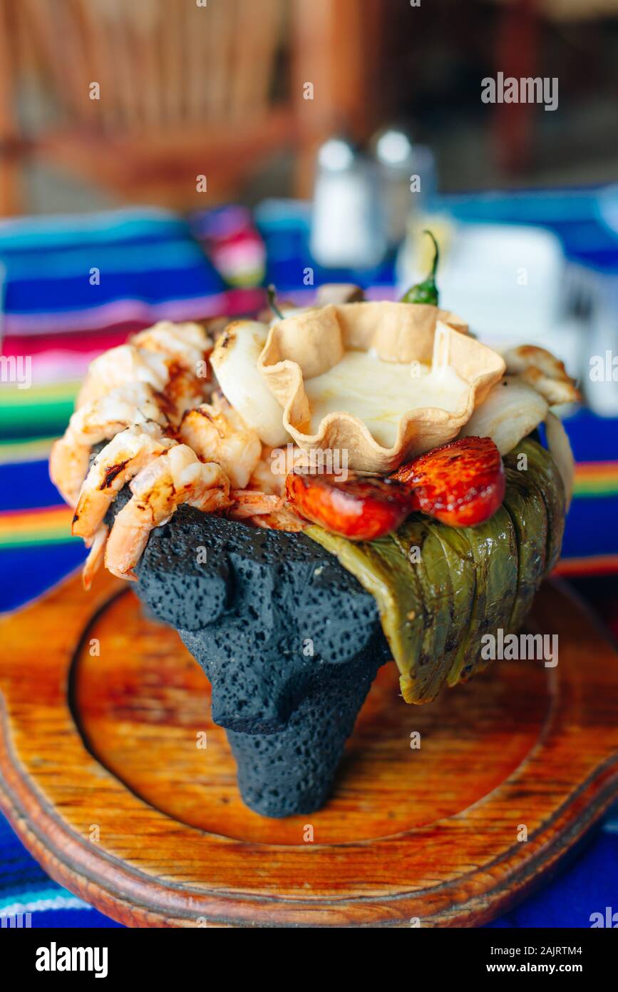 Assorted mexican meat dish chili sauces in mexican restaurant Stock