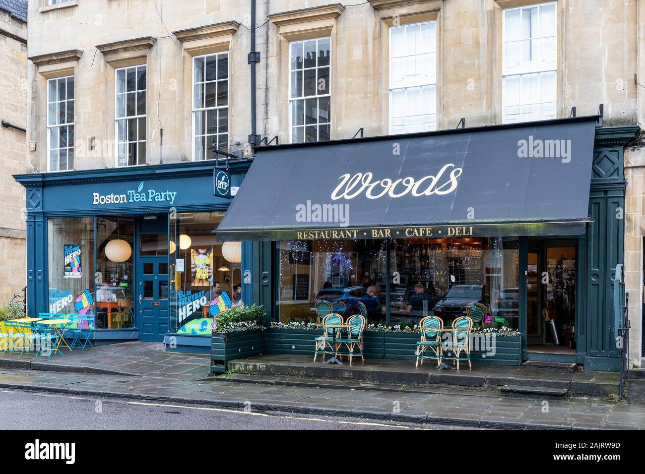 Boston Tea Party and Woods Restaurant in Alfred Street, Bath, Somerset, England Stock Photo