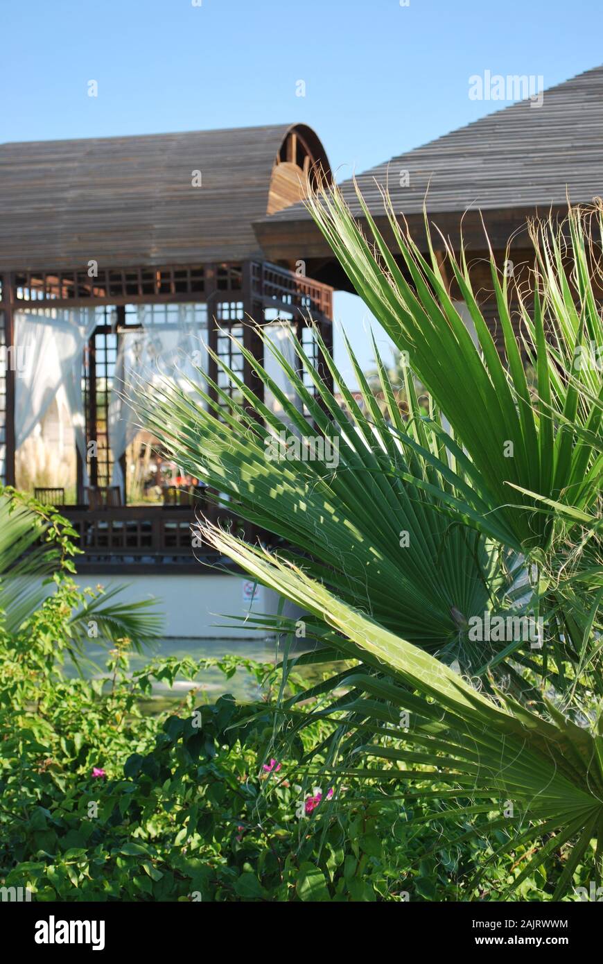 View of a restaurant building on a holiday resort near Sarigerme in Turkey, 2009 Stock Photo