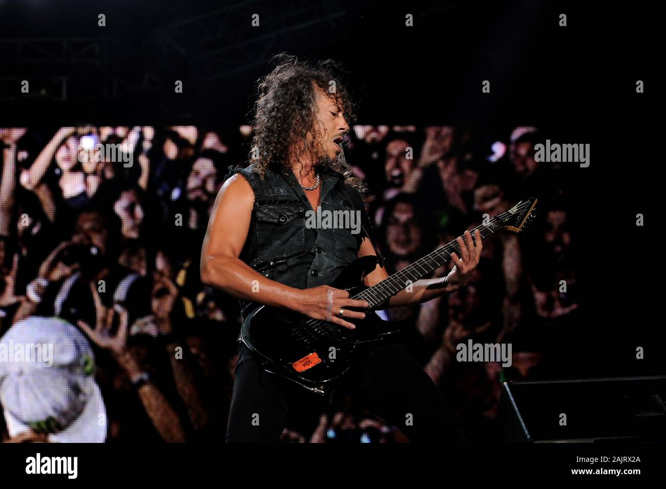 Milan  Italy , 06 July 2011 , Live concert of 'The Big 4' at the 'Arena Concerti Fiera Milano' : The guitarist of the Metallica band, Kirk Hammett, during the concert Stock Photo
