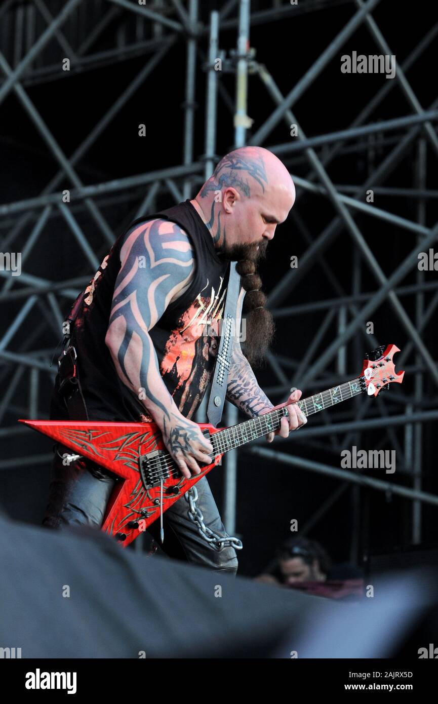 Milan  Italy , 06 July 2011 , Live concert of "The Big 4" at the "Arena Concerti Fiera Milano" : The guitarist of the Slayer band,Kerry King, during the concert Stock Photo