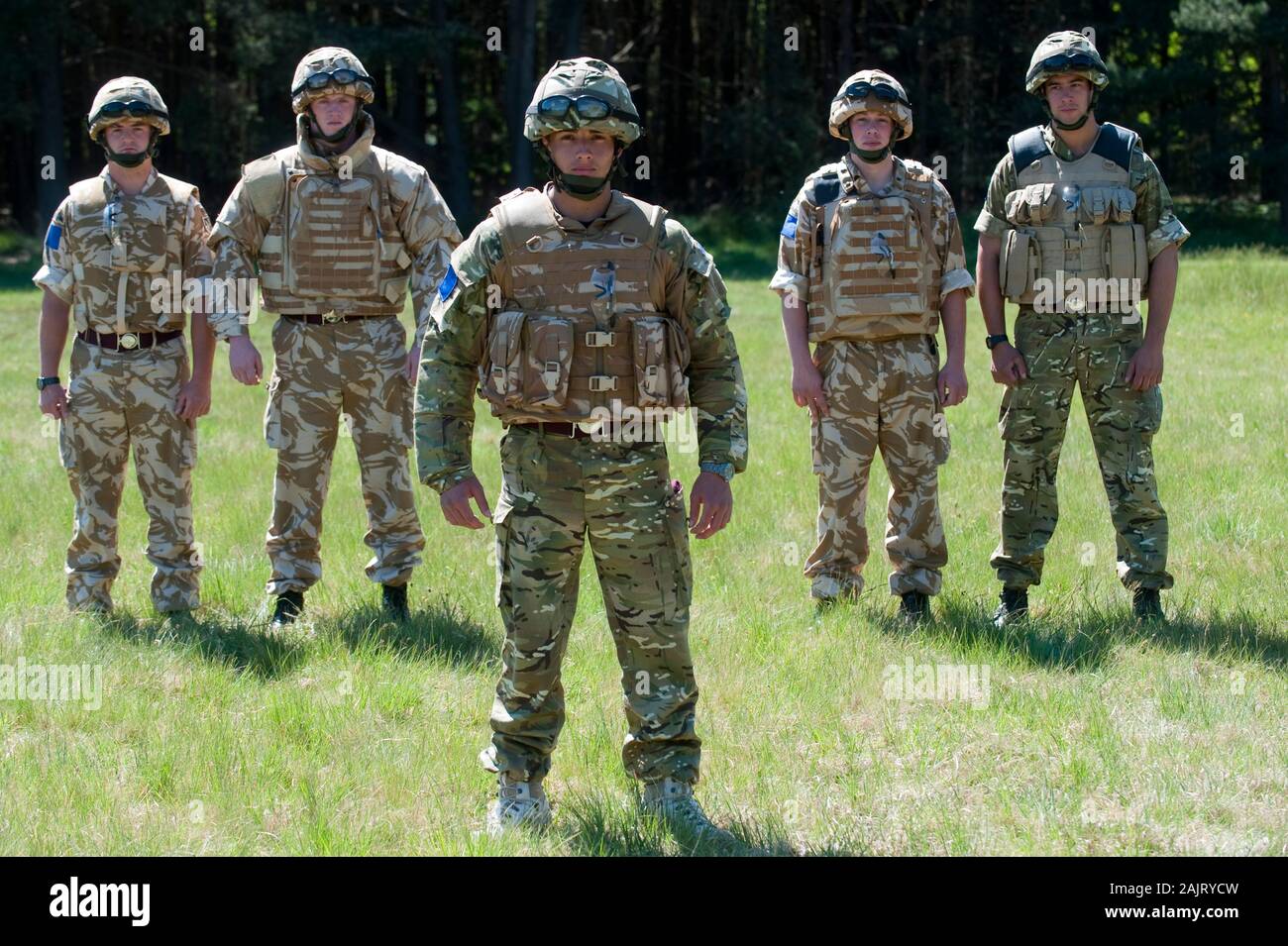 The progression of uniform design for the British soldier, which has changed every year since 2006, from desert camouflage to the new all terrain camouflage. Stock Photo