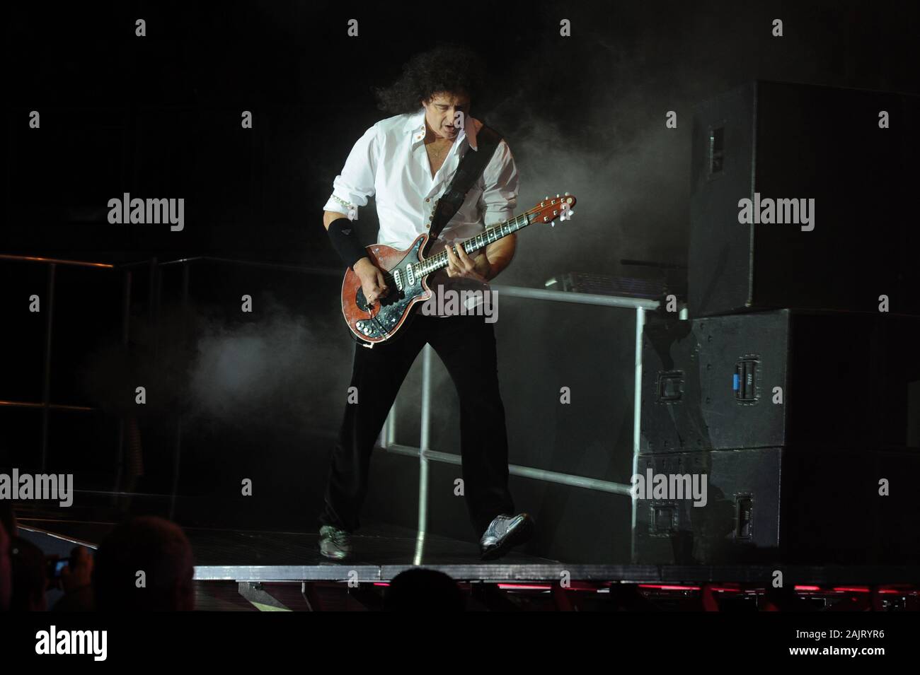 London England 13 October 2008, The Cosmos Rocks tour 2008, O2 Arena,live concert of The Queen and Paul Rodgers:Brian May during the concert Stock Photo