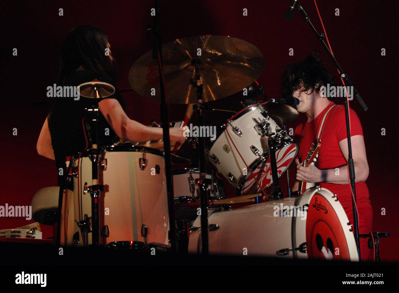 Milan Italy  07 June 2007,Live concert of The White Stripes at the Idorscalo:The White Stripes,Meg White and Jack White,during the concert Stock Photo